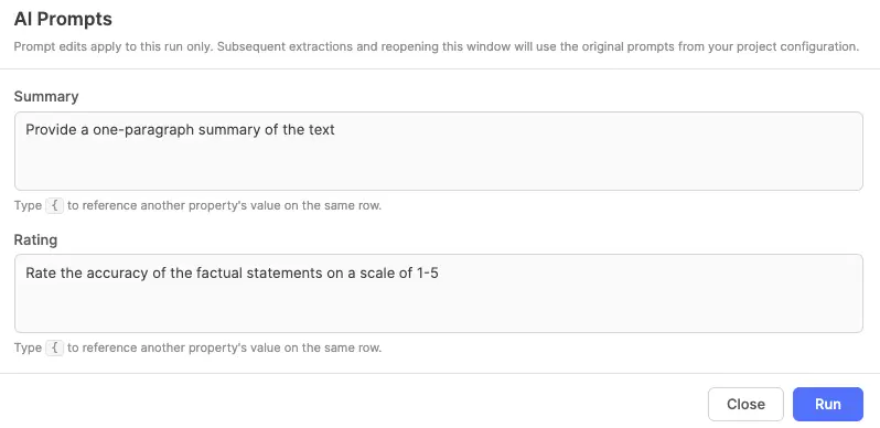 AI prompt popup showing textareas for each AI Text property and a Run button