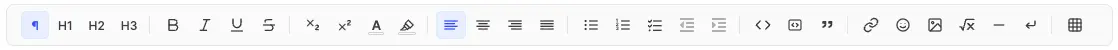 Text editor toolbar row showing the same feature groups as the configuration: headings, inline formatting, alignment, lists, blocks, inserts