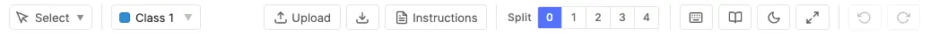 Top toolbar highlighted: tool and class selectors, Upload, Download, shortcuts, adjustments, undo and redo