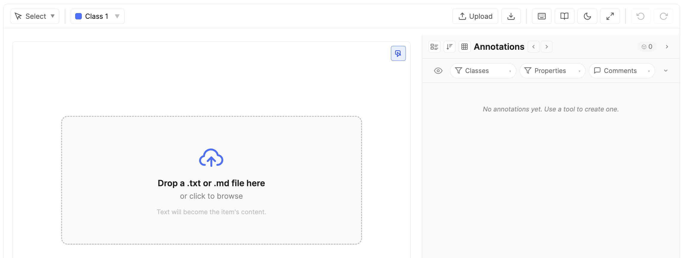 Upload Text File modal with a dropzone, supported types .txt and .md, and a file picker