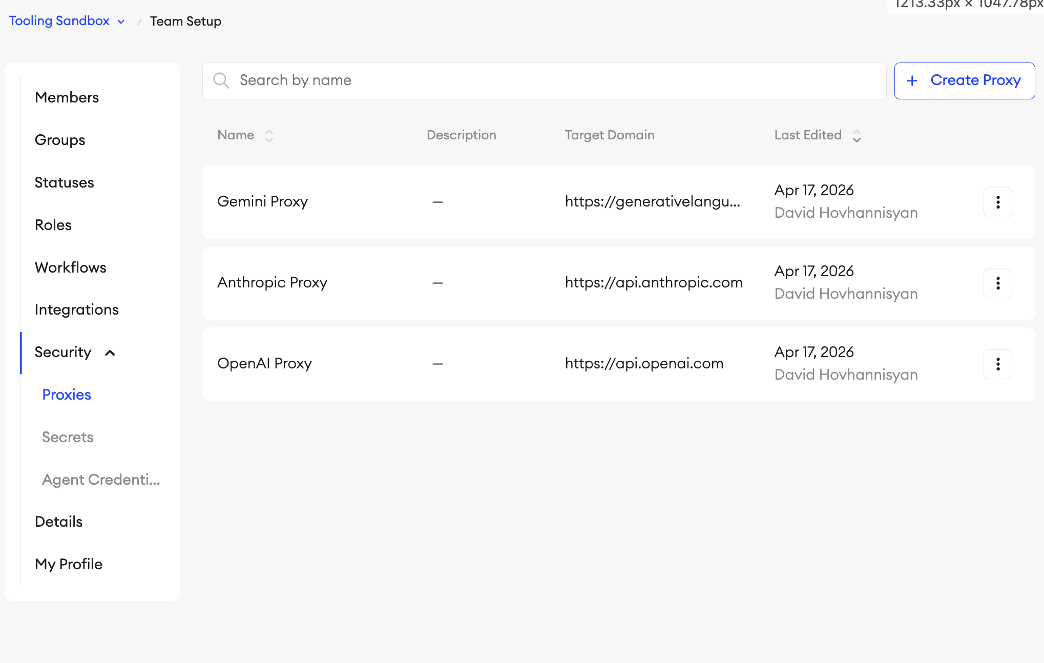 Two example proxies set up in teams settings page, one for Open AI, one for Fal AI