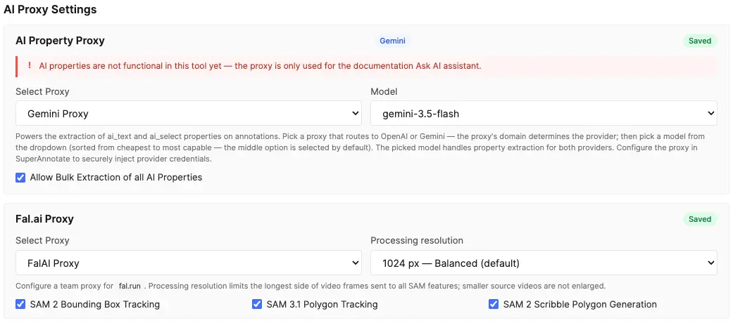 Configuration screen showing proxy selection dropdowns