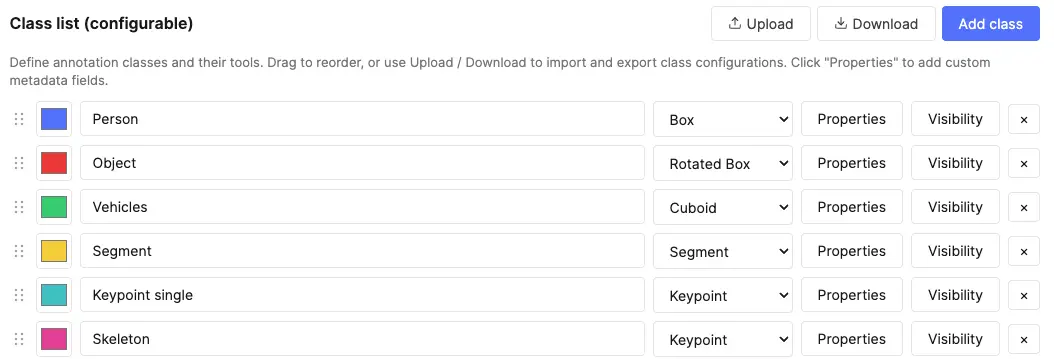 Class list with colors and Property buttons