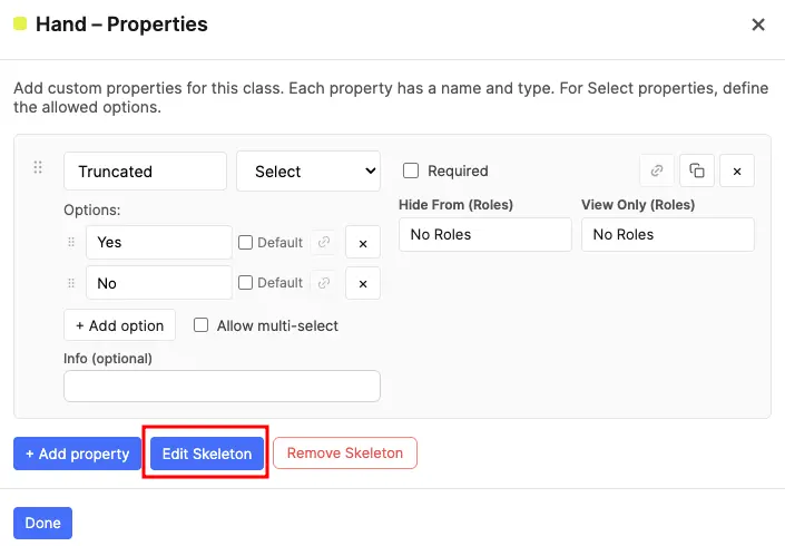 Keypoint configuration modal: options to add properties and add/edit skeleton