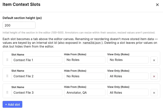 Item Context modal with drag handles, name fields, role visibility pickers, and add/delete controls