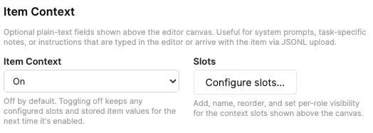 Item Context configuration card showing the on/off toggle, Configure slots button