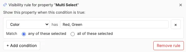 The inline visibility rule showing a condition: Color has Option 2, Option 3