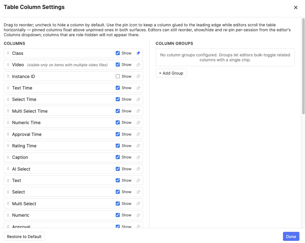 Table Columns Control modal