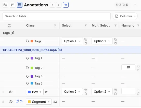 Right panel in table view