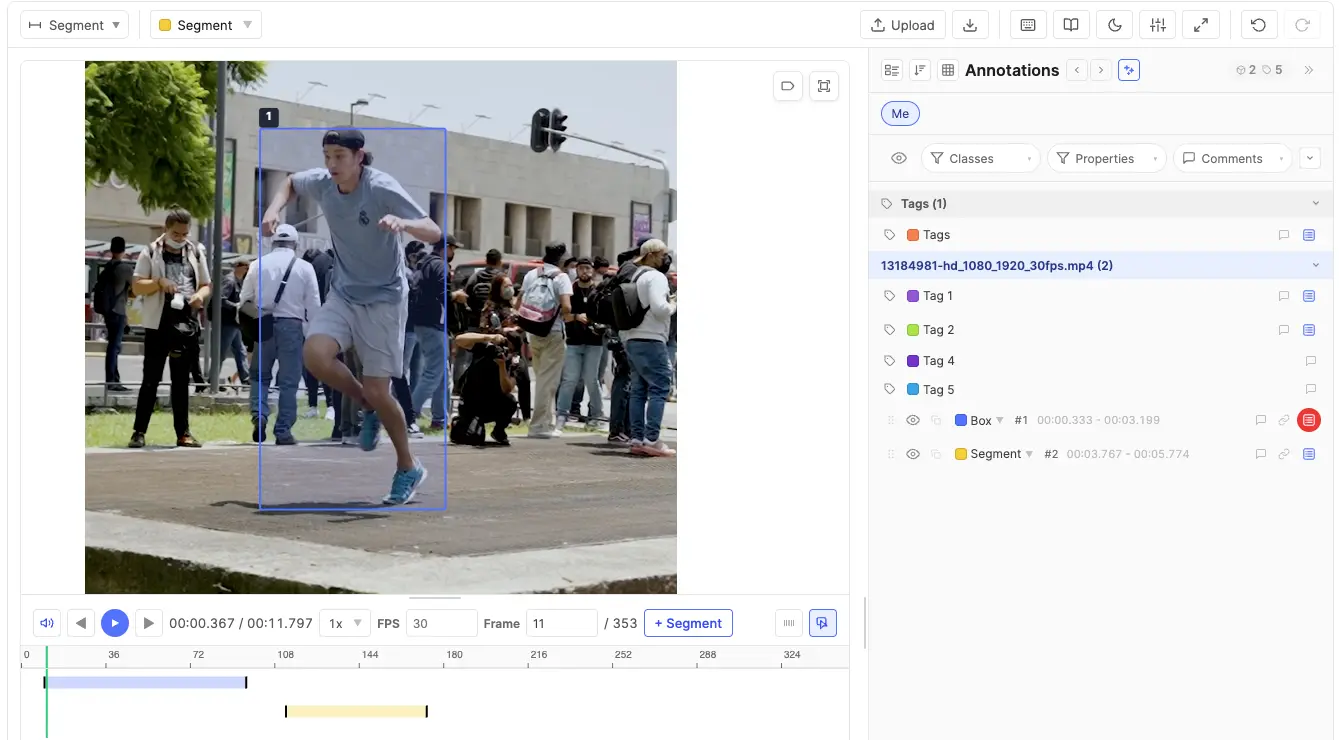 Editor layout: tool dropdown, class selector, canvas, and annotations panel