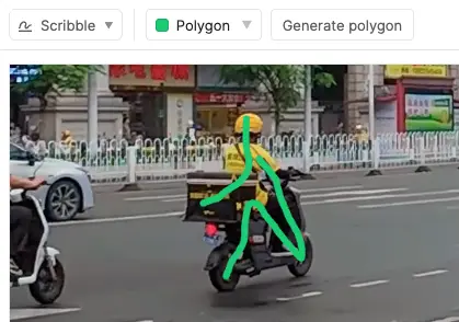 A motorcyclist marked with two scribble strokes with generate polygon contextual button visible on toolbar