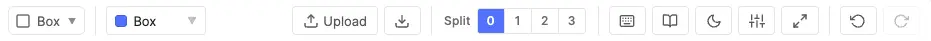 Top toolbar highlighted: tool and class selectors, Upload, Download, shortcuts, adjustments, undo and redo
