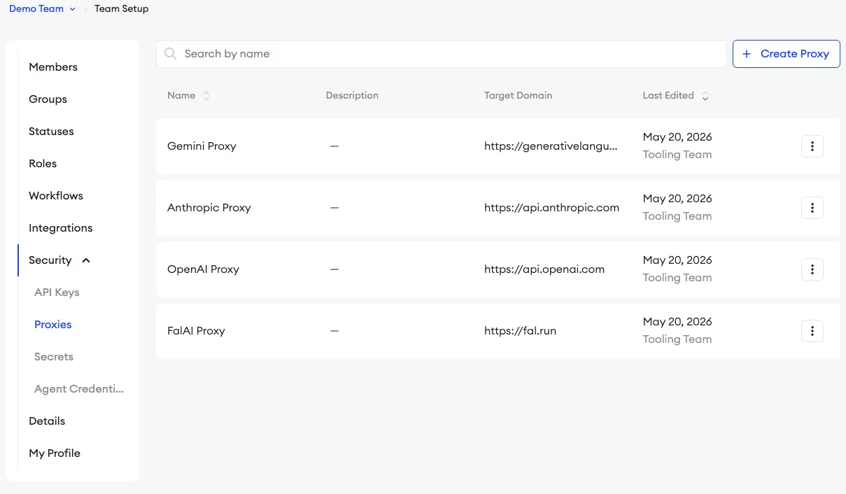 Example proxies set up in teams settings page